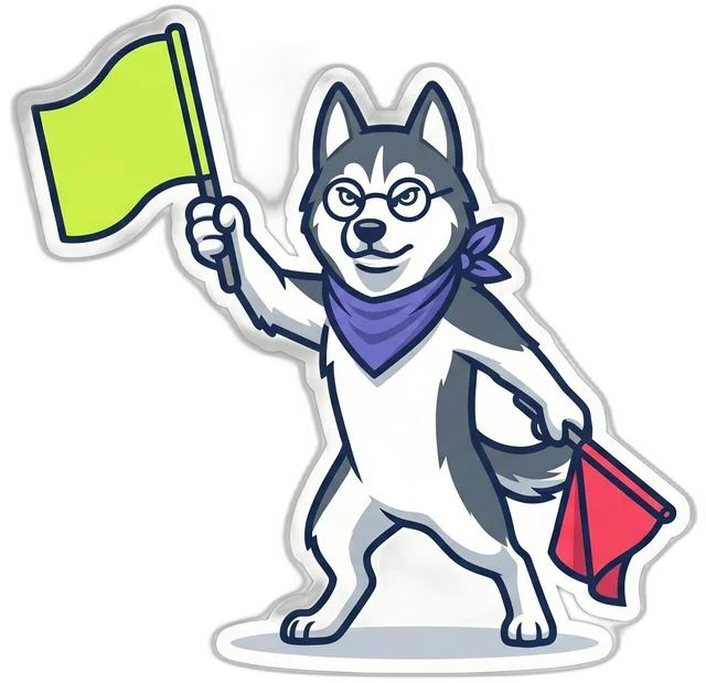 Husky mascot raising a green flag and lowering a red one